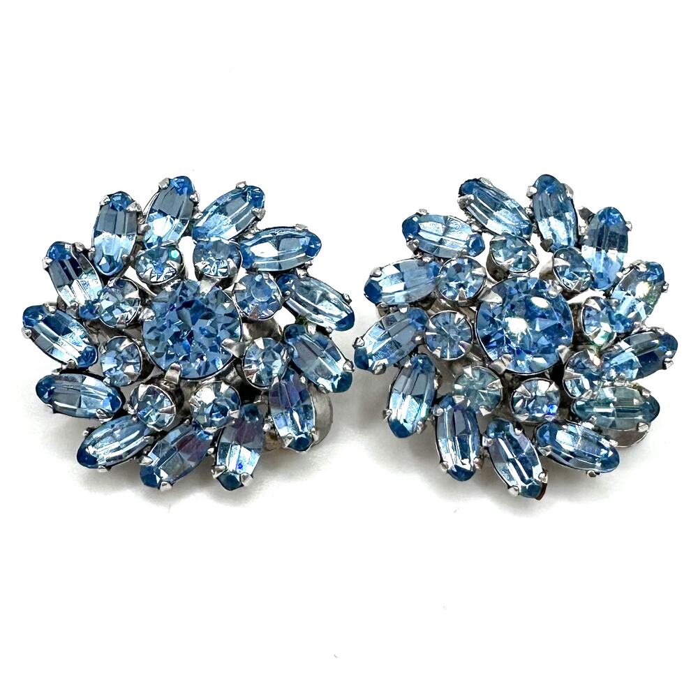 Sherman vintage silver tone light blue glass rhinestones clip on earrings
